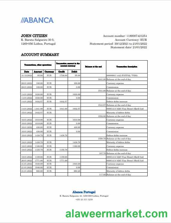 Portugal Abanca bank statement Excel and PDF template